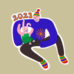 Man and rabbit sitting together. Happy New Year 2023. Vector isolated illustration. New Year concept.