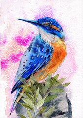 Watercolor illustration of a small turquoise and yellow kingfisher with colorful feathers sitting on a stone against a pink background