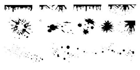 A large set of black ink, ink smears, stains, blots, brushes, lines, rough. Black brush strokes, elements of artistic design. Vector illustration. Isolated on white background.