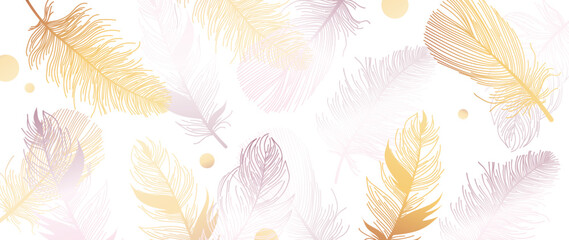 Golden background with feathers, pink and abstract shapes. Feather background for banner, cover, print. Vector hand drawn illustration. © leafyori