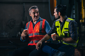 the worker is resting and conversing with his colleague in the factory	