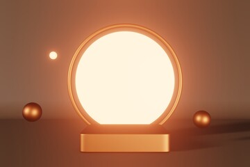 Bronze podium stage place with spheres 3d rendering. Geometric pedestal illuminating backlight marketing design composition. Minimal scene cosmetic product showcase shiny presentation brown background