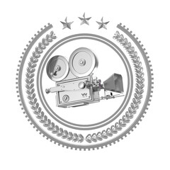 High detailed vintage golden movie camera in laurel wreath badge with rings and stars. Movie award icon, 3d rendering isolated transparent png.