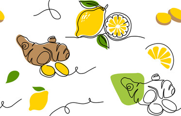 Ginger and lemon vector pattern. One continuous line art drawing pattern for kitchen or cafe decoration, tea or drink packaging