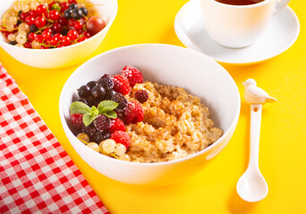 Oatmeal cereal porridge with fresh berries. Healthy breakfast.