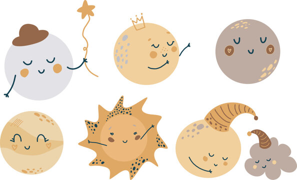 A set of illustrations vector moon is perfect for a poster in the nursery, registration of invitations to a baby shower