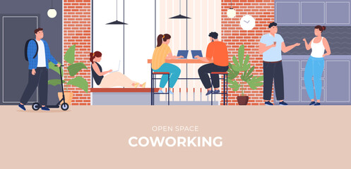 People work together in a coworking center. People communicate, work, exchange experience. Modern workplace. Vector illustration