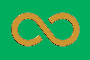 The sign of infinity is golden, isolated on a green background. Symbol of infinity. Horizontal image. 3D image. 3D rendering.