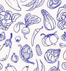 Seamless pattern with autumn vegetables. Linear blue doodle sketch. Pumpkin, plum, beans , beetroot, eggplant, pepper, cucumber and radish. Fall harvest illustration for wallpaper, wrapping, textile