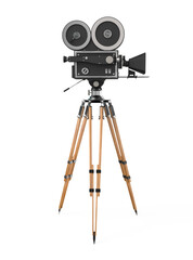 vintage retro movie camera on tripod mount isolated on white high quality 3d rendering isolated on transparent background - obrazy, fototapety, plakaty