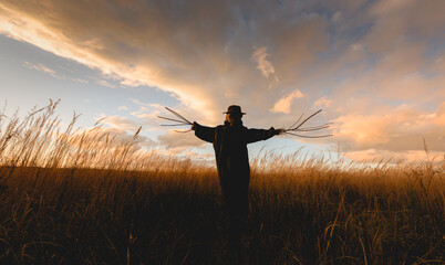 Scary scarecrow in a hat and coat on a evening autumn field during sunset. Spooky Halloween holiday...