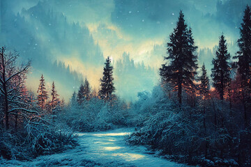 Fantastic Epic Magical Winter Forest Landscape. Beautiful mystic snowy nature. Game asset. Celtic Medieval. RPG background. Snow and trees. Sky with clouds.  Book cover and poster, postcard