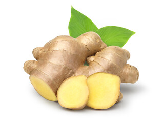 Close up, Fresh ginger rhizome with sliced and green leaves isolated on white background