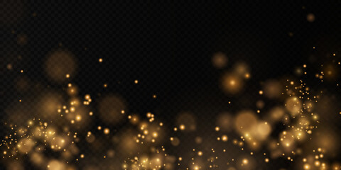 Fototapeta na wymiar Gold sparkling dust with gold sparkling stars on a transparent background.Glittering texture. Christmas effect for luxury greeting rich card. Gold dust PNG.