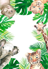 Tropical Leaves and Jungle Animals Frame, Greeting Card Design