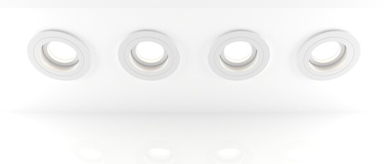 White ceiling spot lights 3D render. Realistic mockup of recessed round downlights, artificial lighting, design element for home or office illumination, set of LED spotlights, lamps