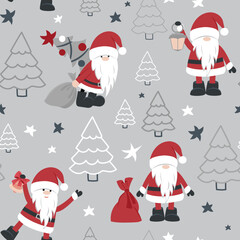 Cute Christmas pattern with Santa Claus, Christmas trees and gift . Seamless vector pattern.