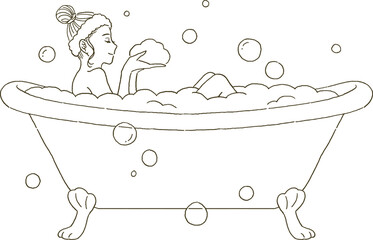 ビューティー　猫足バスタブのお風呂でリラックスする女性のイラストレーション