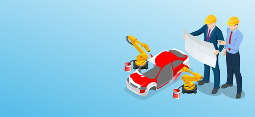 Isometric Car manufacturer, robot assembly line in car factory. Car production plant process