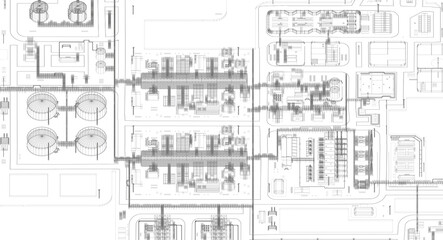 Scheme of the LNG plant. Grey lines isolated on white. 3d-rendering
