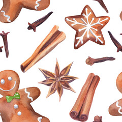 Seamless christmas winter watercolor pattern with holly, bells , stars and gifts