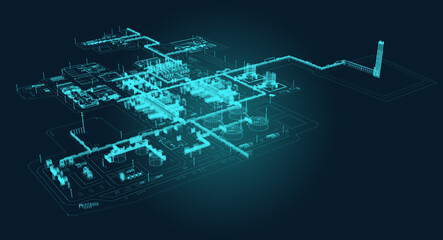 Scheme of the LNG plant in neon colors. 3d-rendering