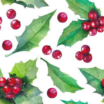 Seamless christmas winter watercolor pattern with holly, bells , stars and gifts