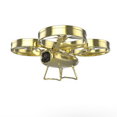 one golden quadrocopter drone with camera, glossy precious metal isolated on transparent 3d render