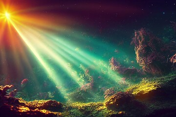 Hyper-realistic illustration of an underground pond with the green light shining through a hole