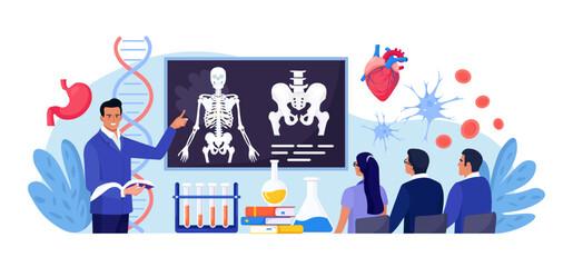 Anatomy school subject. Students studying human skeleton. Teacher pointing at chalkboard, teaching people. Pupils learn nervous, bone, organs, blood systems. Biology classes, medicine