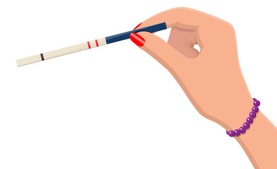 Pregnancy test strip in hand of woman.