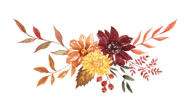 Fall floral bouquet. Watercolor hand-painted autumn flowers and tree leaves arrangement, isolated on white background. Botanical illustration.
