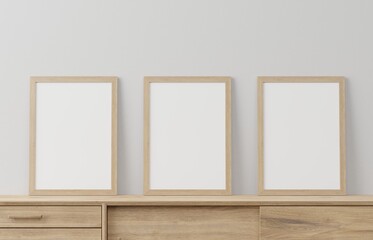 home nordic or Scandinavian modern style wooden frame and cabinet mock up or blank close up on white wall background. frame mockup. 3d illustration