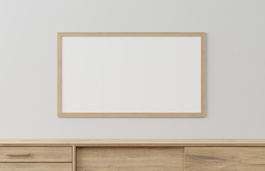 home nordic or Scandinavian modern style wooden frame and cabinet mock up or blank close up on white wall background. frame mockup. 3d illustration