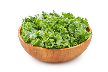fresh green Kale leaves bunch leaf cabbage in wood plate isolated on white background. green kale...