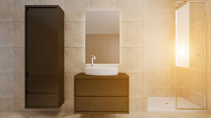 Freestanding bath with towels in grey modern bathroom. 3D rendering.. Sunset.