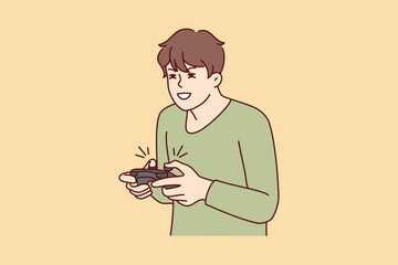 Guy with joystick playing computer games at home. Young man with joypad have fun engaged in videogame. Addiction and hobby. Vector illustration.  © drawlab19