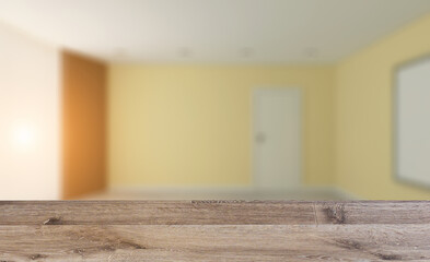 Elegant office interior. Mixed media. 3D rendering.. Sunset.. Background with empty wooden table. Flooring.