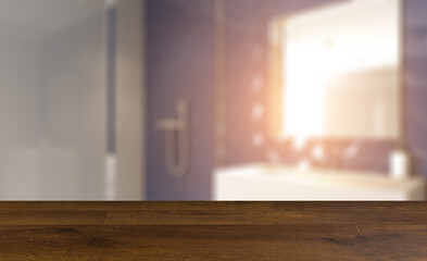 Clean and fresh bathroom with natural light. 3D rendering.. Suns. Background with empty wooden table. Flooring.