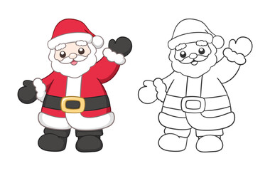 Cute happy Santa Claus waving outline and colored cartoon illustration set. Father Christmas, Kris Kringle, Saint Nick. Winter Christmas theme coloring book page activity for kids and adults.