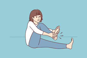 Unhealthy woman suffer from cramp in leg. Unwell female struggle with pain in sole. Healthcare and medicine. Vector illustration. - obrazy, fototapety, plakaty