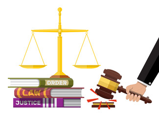 Judge wooden gavel with law book and golden scales.