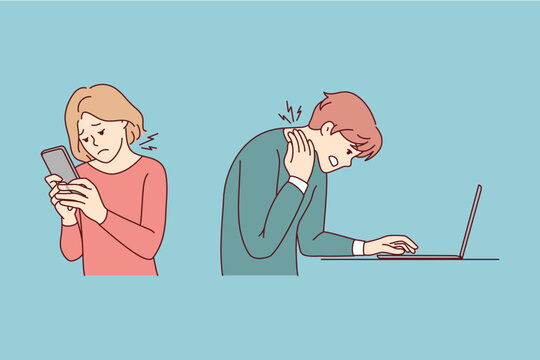 People working on gadgets suffer from neck problems. Users addicted with devices struggle with backache or spinal spasm. Sedentary position problem. Vector illustration. 
