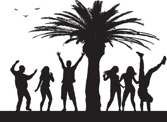 Silhouettes of people dancing in a tropical landscape