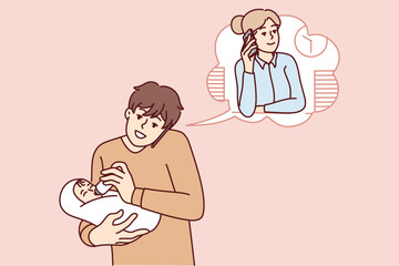 Young father feed baby infant talk with wife working in office on phone. Caring dad with child in hands have call with businesswoman mom. Vector illustration. 