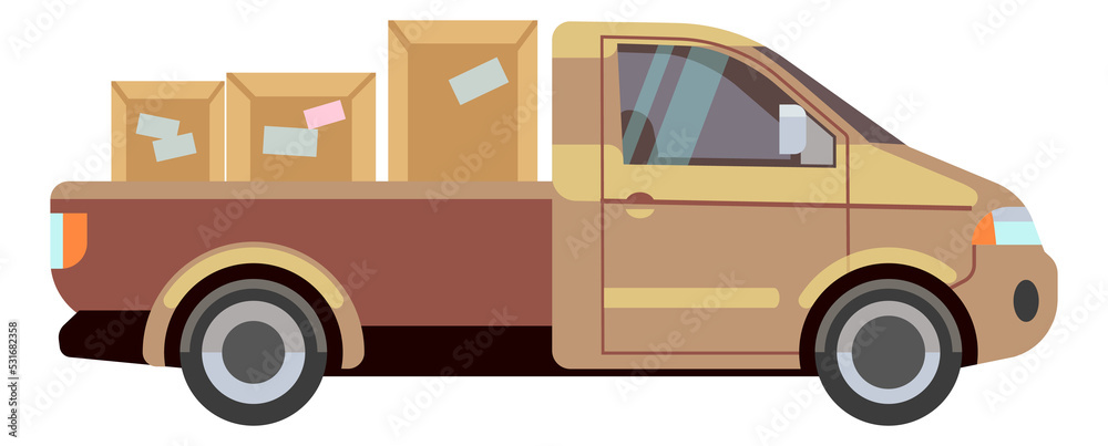 Sticker Pickup truck delivering cargo boxes. Shipping service car