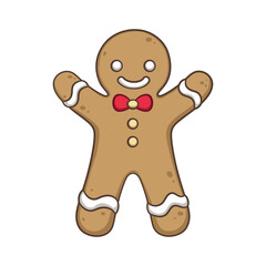 Cute gingerbread man with a bow tie cartoon illustration. Winter Christmas theme clip art.