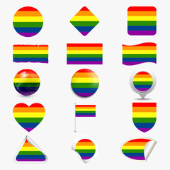 Rainbow flag set. LGBT gay and lesbian pride symbols, star, heart. Icons template. Modern flat vector illustration stylish design element.