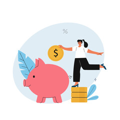 Woman hand investing a coin into a piggy bank.  Online investment concept. Vector flat style cartoon illustration