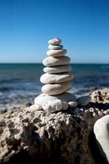 Fototapeta premium Empilement de cailloux en équilibre sur une plage de galets sur l'île d'oléron en France